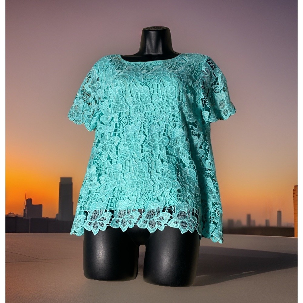 Philosophy Mint Green Floral Lace Overlay Top Size Sm Short Sleeve